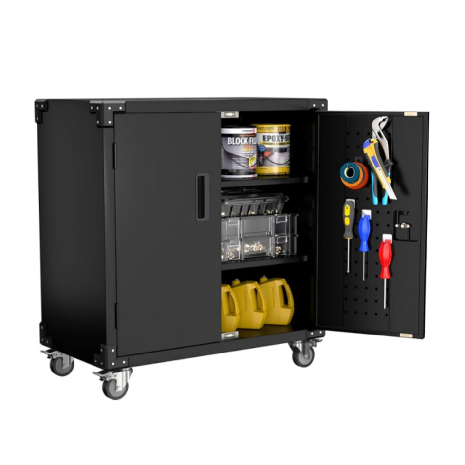 Garvee Metal Mobile Tool Storage Cabinet with 2 Doors and 4 Hooks for Garage, Home, Office 31.5in Black Durable Lockable Workbench