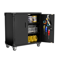 Garvee Metal Mobile Tool Storage Cabinet with 2 Doors and 4 Hooks for Garage, Home, Office 31.5in Black Durable Lockable Workbench