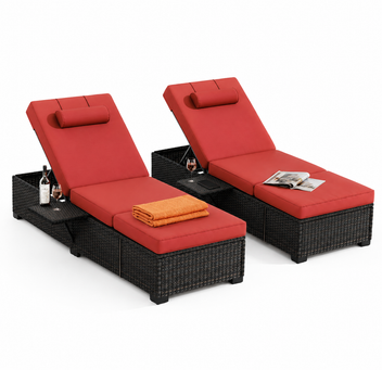 Garvee Set of 2 Outdoor Chaise Lounge Chairs with Side Table, PE Rattan Recliners with 6-Position Backrest & Blue Cushions for Poolside Patio