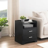 Garvee LED Night Stand with 2 Drawers, Smart End Side Table with LED Lights and Glass Top, Modern Bedside Table with Open Storage for Bedroom Living Room Dorm, Black - black
