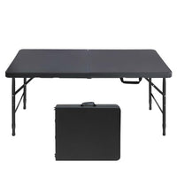 Portable rectangular plastic table, foldable design for dining, camping, and events.