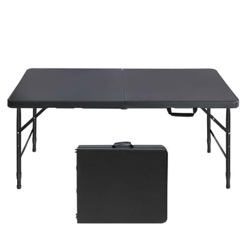 Portable rectangular plastic table, foldable design for dining, camping, and events.