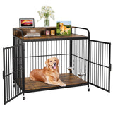 Garvee Wooden Dog Crate Furniture End Table with Adjustable Height & 360° Rotating Feeder, Heavy Duty Dog Crate with 360° Wheels, Dog Kennel Indoor, Large - Brown