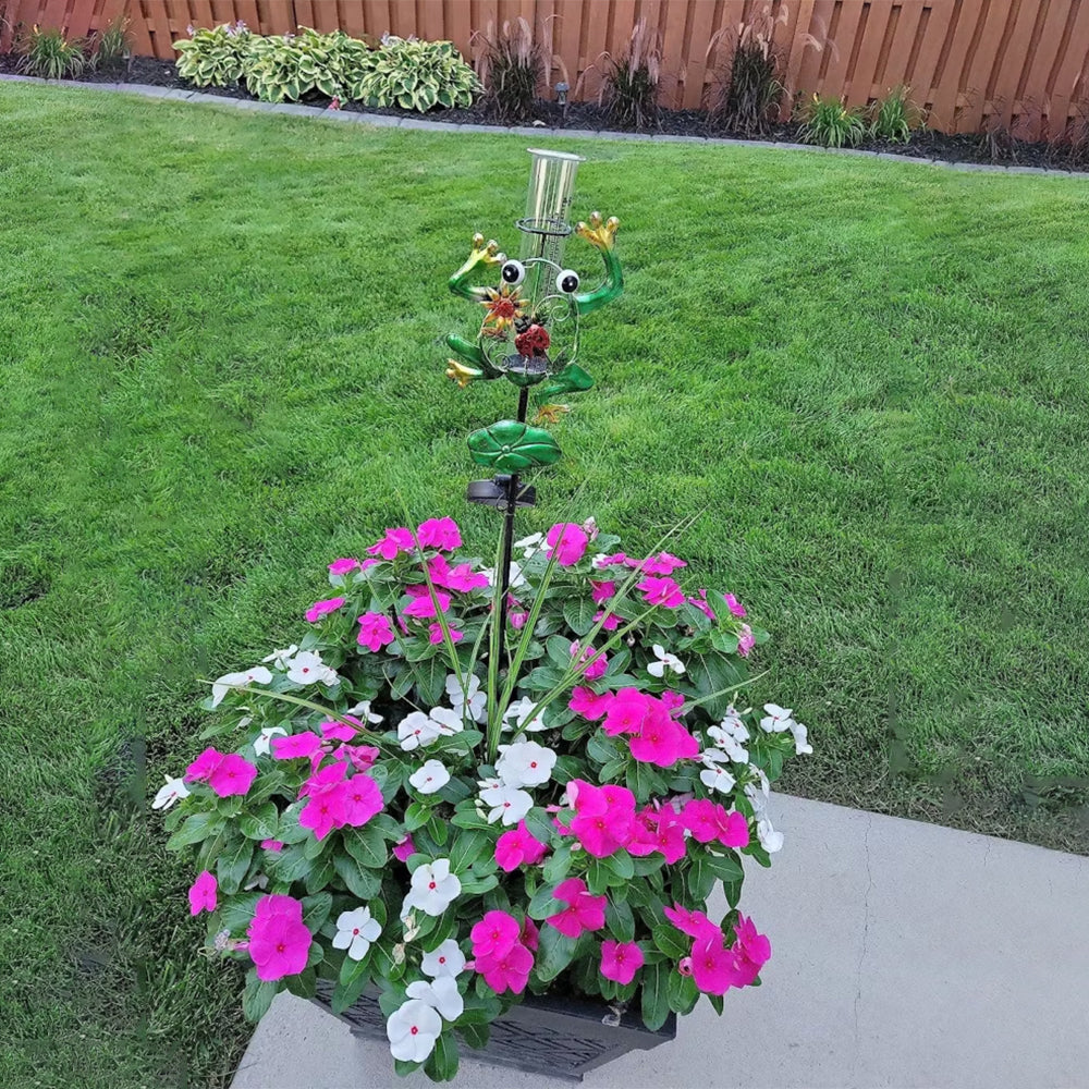 Garvee Frog Rain Gauge Outdoor Decorative Metal Solar Rain Gauges Stake for Garden Yard, 6 Inch Capacity Glass Tube and LED Light