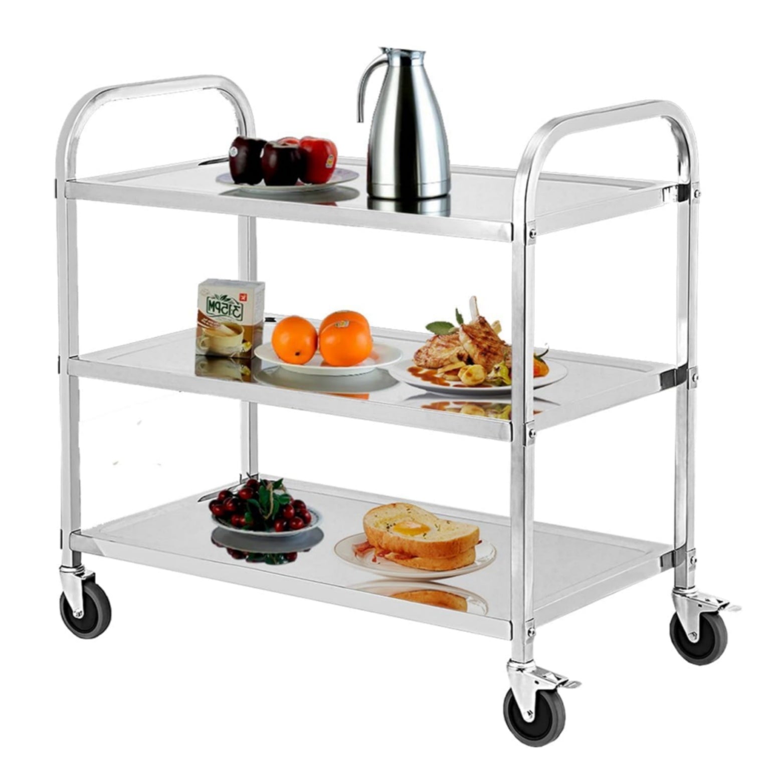 Garvee 3 Tier Heavy Duty Trolley Rolling Cart, Stainless Steel Utility Cart with Handle and Locking Wheels, for Kitchen, Restaurant, Hospital, Laboratory and Home, 265Lbs - 85x45x90CM