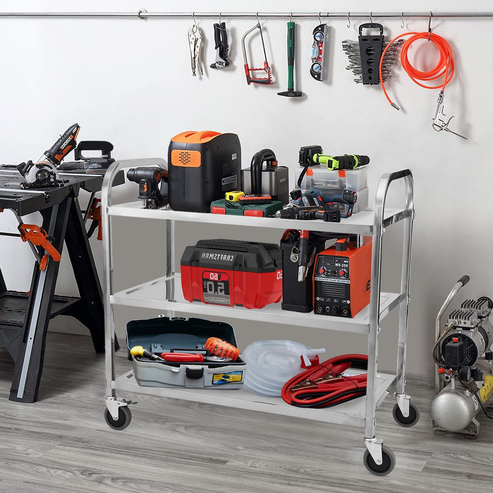 Garvee 3 Tier Heavy Duty Trolley Rolling Cart, Stainless Steel Utility Cart with Handle and Locking Wheels, for Kitchen, Restaurant, Hospital, Laboratory and Home, 265Lbs - 85x45x90CM