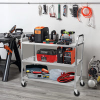 Garvee 3 Tier Heavy Duty Trolley Rolling Cart, Stainless Steel Utility Cart with Handle and Locking Wheels, for Kitchen, Restaurant, Hospital, Laboratory and Home, 265Lbs - 85x45x90CM