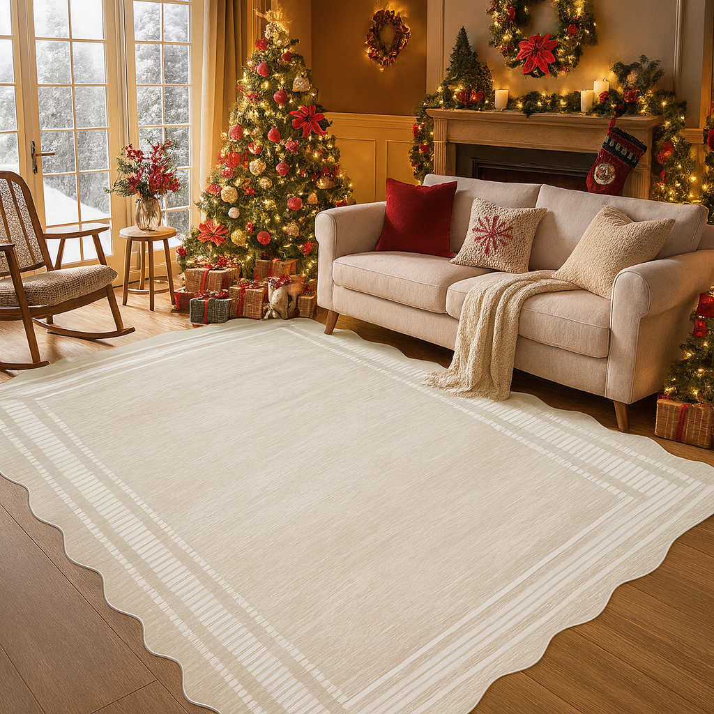Garvee Christmas Scalloped Edge Area Rug – Soft Low-Pile Washable Non-Slip Stain Resistant Carpet for Living Room, Bedroom, or Nursery, Cream White, 8x10