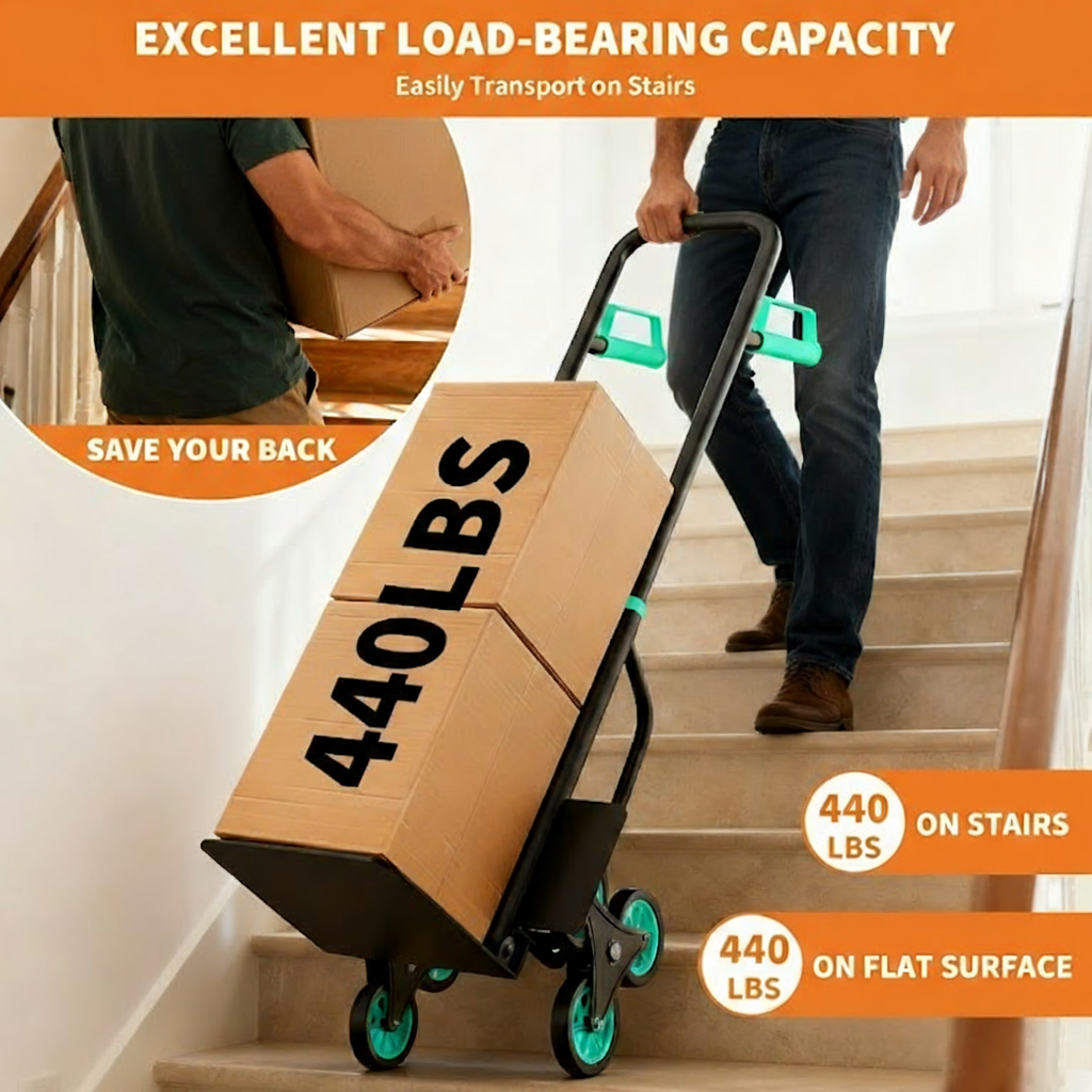 Garvee Heavy Duty Stair Climbing Dolly 440Lbs Capacity 3-Wheel Design Foldable Steel Frame Retractable Handle Non-Slip Grip for Moving Delivery