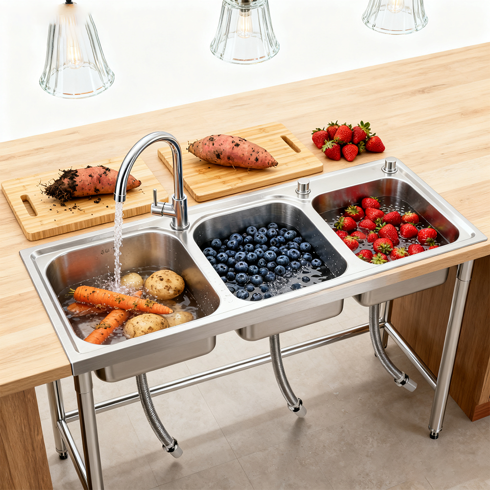 Garvee 39"W x 18"D x 37"H Freestanding Stainless Steel Utility Sink - 3-Compartment Commercial Sink with Hot & Cold Hoses for Restaurants, Garages, Backyards, and Indoor/Outdoor Use