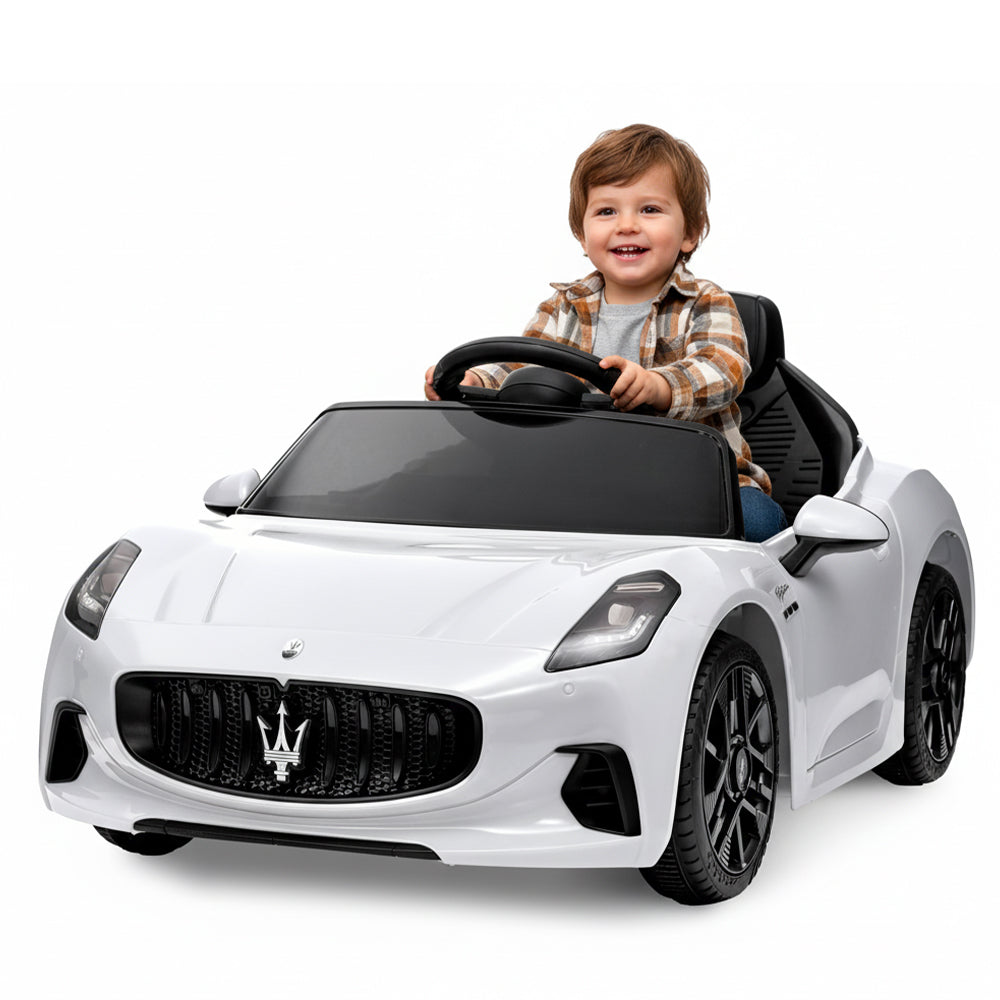 Garvee Ride - P Series: 12V Battery Powered Motorized Car for Kids with Remote Control, Spring Suspension, Double Doors, Bright Lights, 4 Wheel Electric Vehicle, White
