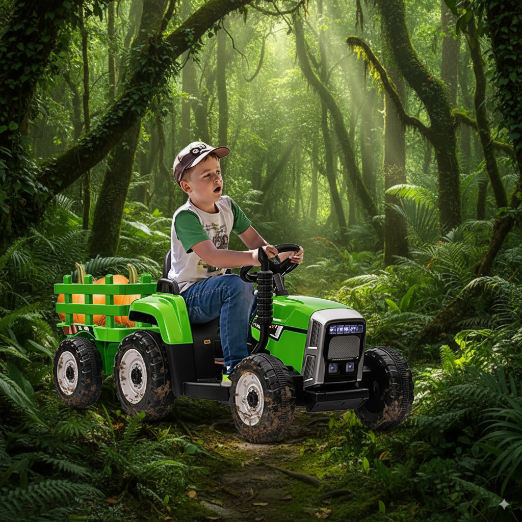 Garvee Ride - P Series: 12V Electric Tractor & Trailer for Kids, 3-6 Yrs - With RC - Green / 35W