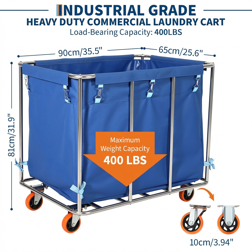 Garvee Heavy Duty 400L Laundry Cart Trolley – Industrial Flatbed, Steel Frame, Removable Waterproof Oxford Liner, Large Rolling Utility Basket for Hotel, Hospital, School, Home – Blue Color
