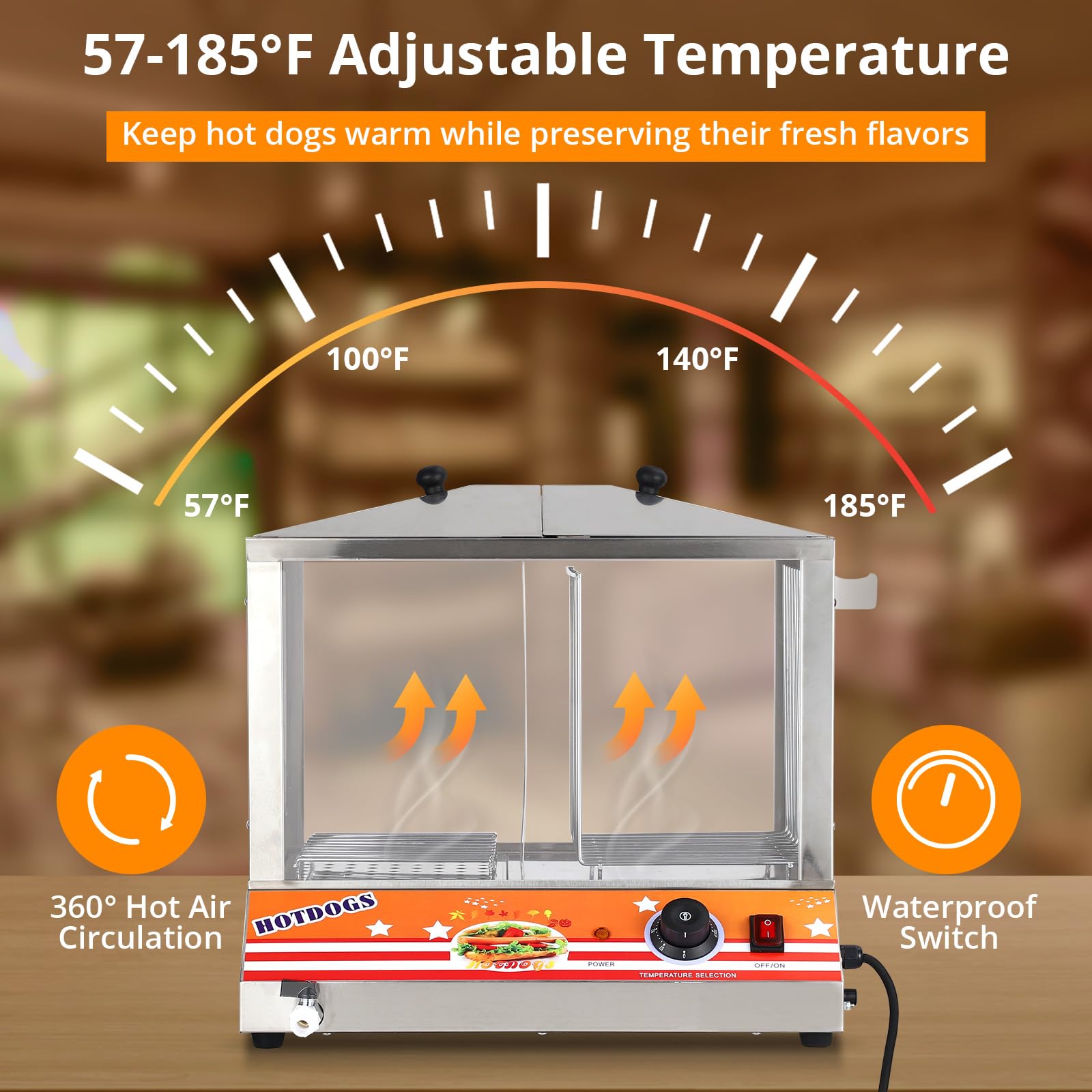 36L Hot Dog & Bun Steamer, Adjustable Temp, Stainless Steel