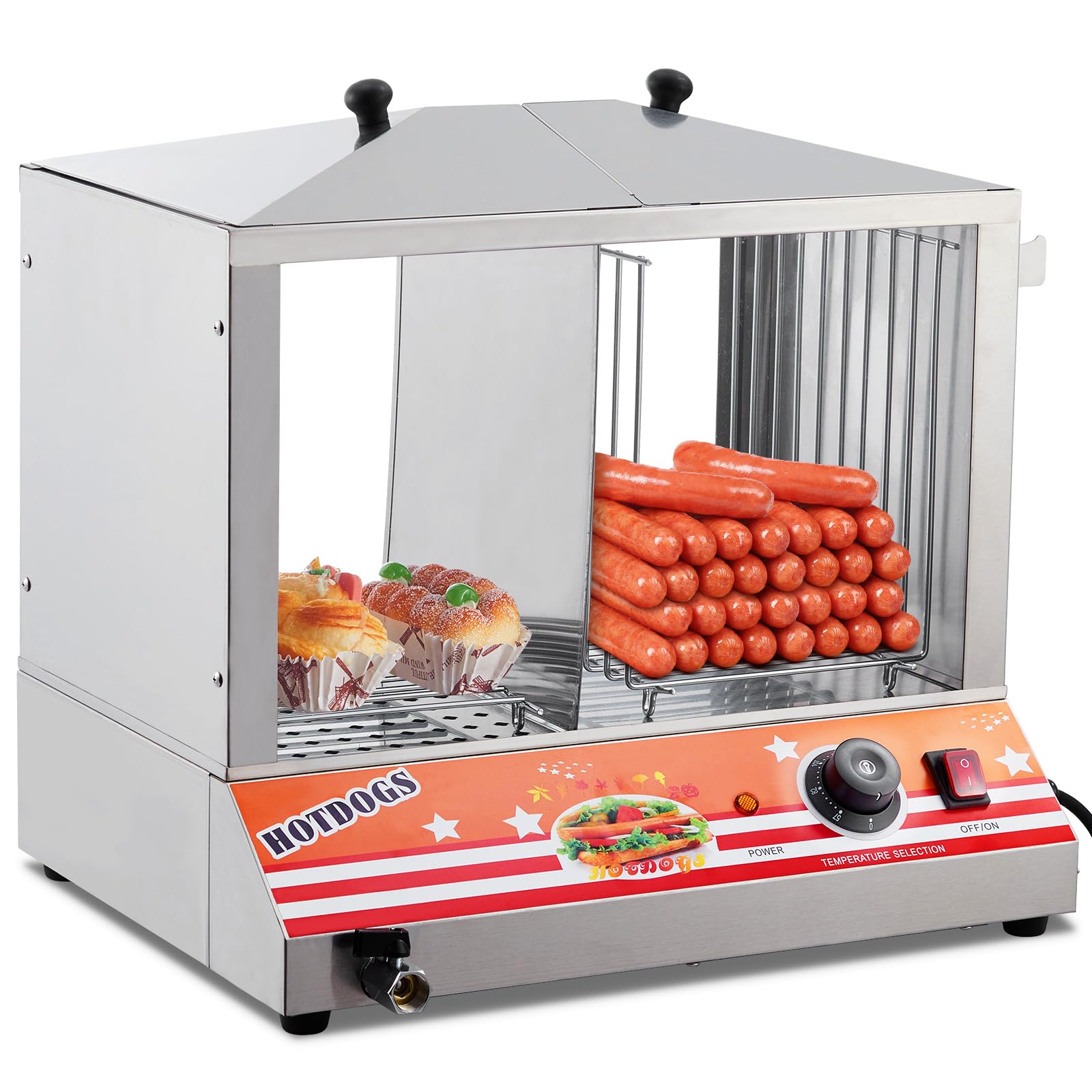 36L Hot Dog & Bun Steamer, Adjustable Temp, Stainless Steel