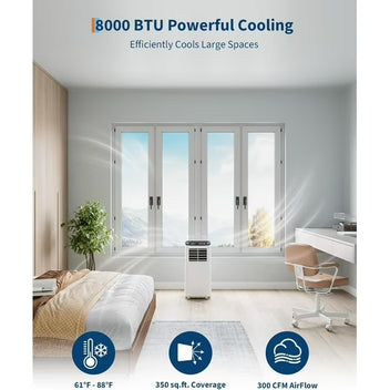 Garvee Portable Air Conditioner - 8,000 BTU, Cools Up to 350 Sq.Ft, 3-In-1 Functionality (Cooling, Dehumidification, Fan), Full-Function Remote Control, Includes Window Kit, White