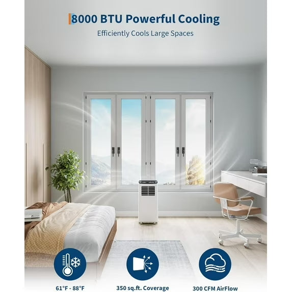 Garvee Portable Air Conditioner - 8,000 BTU, Cools Up to 350 Sq.Ft, 3-In-1 Functionality (Cooling, Dehumidification, Fan), Full-Function Remote Control, Includes Window Kit, White