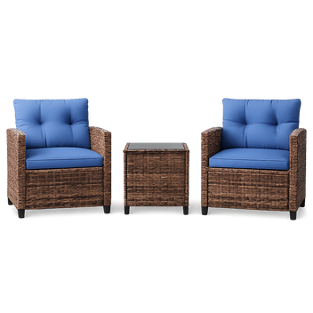 Garvee 3-Piece Patio Furniture Set with PE Rattan Chairs & Tempered Glass Table, Brown Gradient Wicker Outdoor Bistro Conversation Set with Washable Blue Cushions for Porch, Garden, Balcony & Deck
