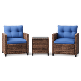 Garvee 3-Piece Patio Furniture Set with PE Rattan Chairs & Tempered Glass Table, Brown Gradient Wicker Outdoor Bistro Conversation Set with Washable Blue Cushions for Porch, Garden, Balcony & Deck - Brown & Blue