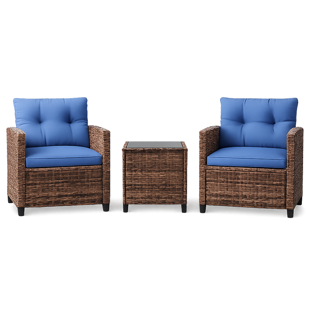 Garvee 3-Piece PE Rattan Patio Conversation Set, Outdoor Wicker Chairs with Cushions & Tempered Glass Table, Brown & Blue