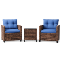 Garvee 3-Piece PE Rattan Patio Conversation Set, Outdoor Wicker Chairs with Cushions & Tempered Glass Table, Brown & Blue