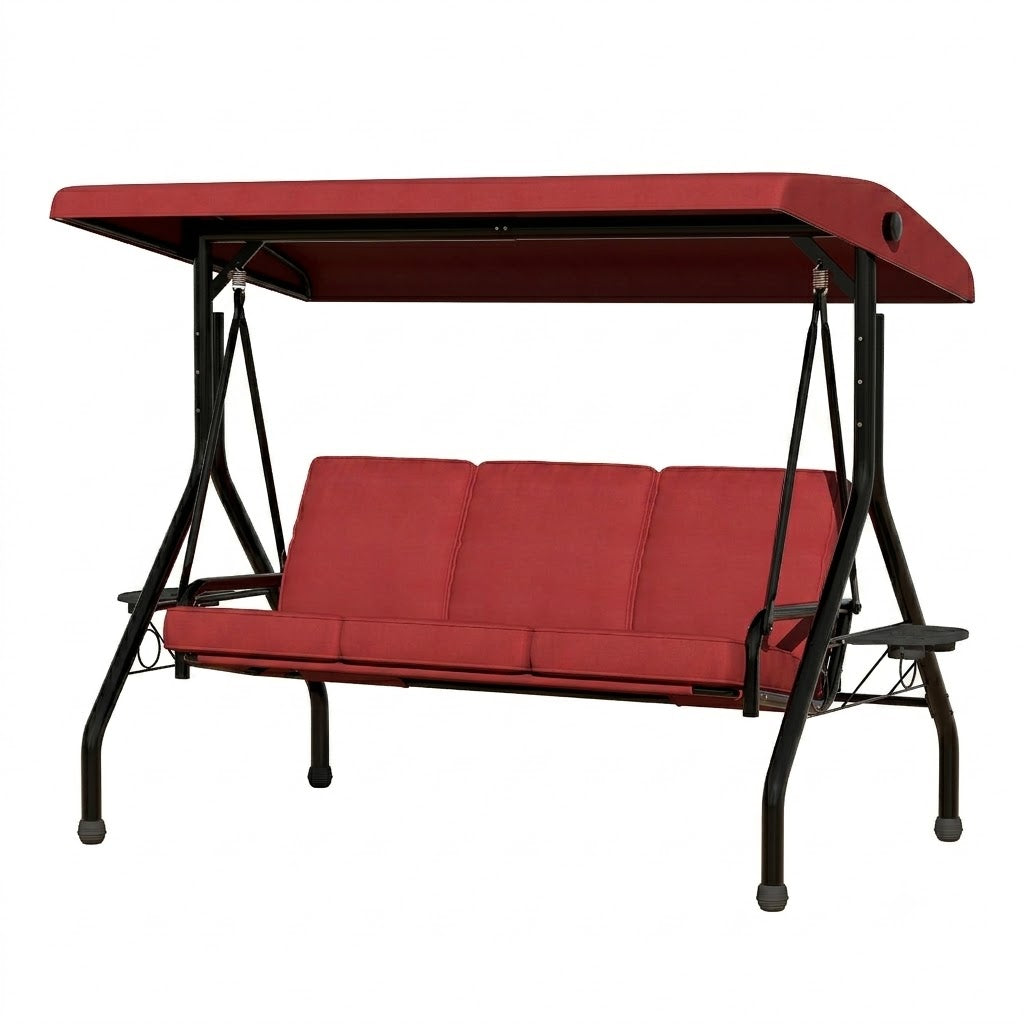 Garvee 3-Person Outdoor Patio Swing Chair with Adjustable Canopy, Thick Removable Cushions, Cup Holders, Steel Frame for Garden Backyard, Red