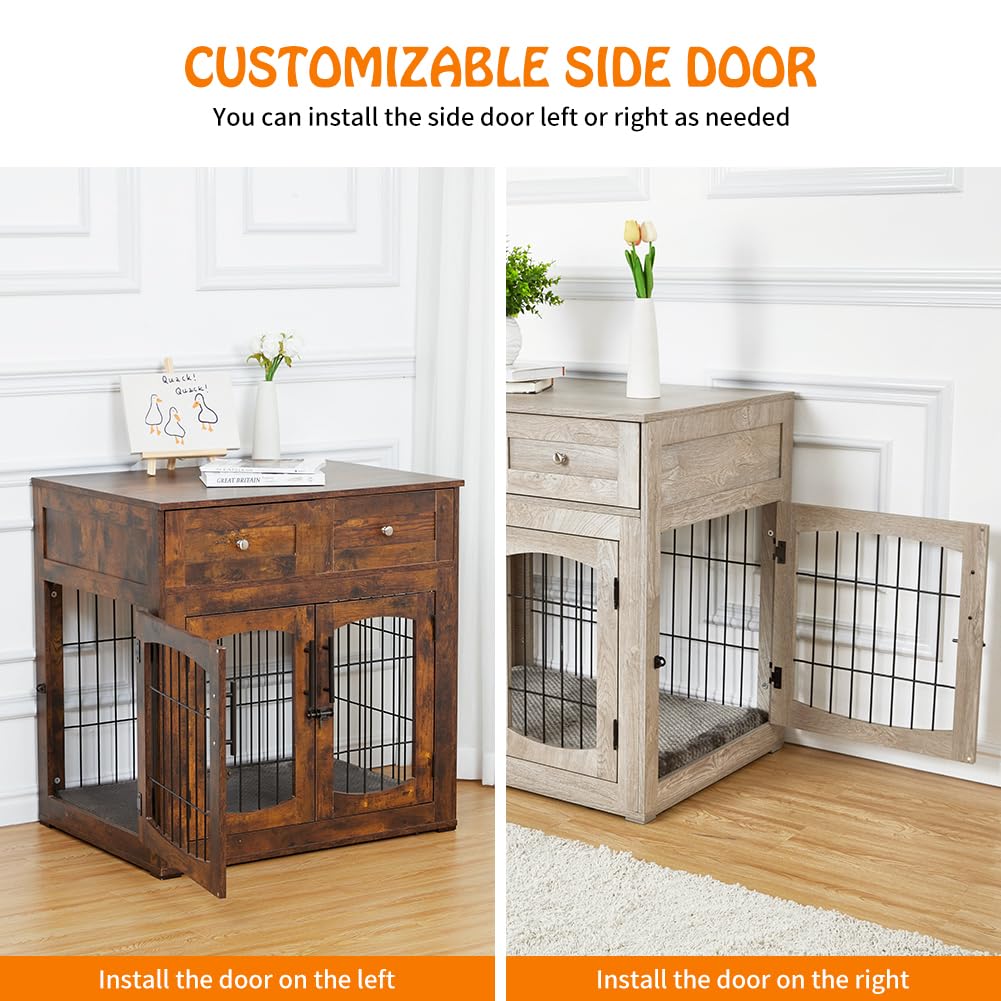 Wooden Dog Crate Table with Cushion, 2 Drawers & 3 Doors - GARVEE
