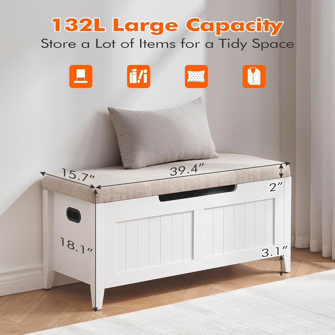 Garvee Storage Chest with Flip-Top, Upholstered Bench, 2 Safety Hinges, Wooden Construction, 39.4 x 15.7 x 18.1 Inches, White, Entryway, Bedroom, Living Room