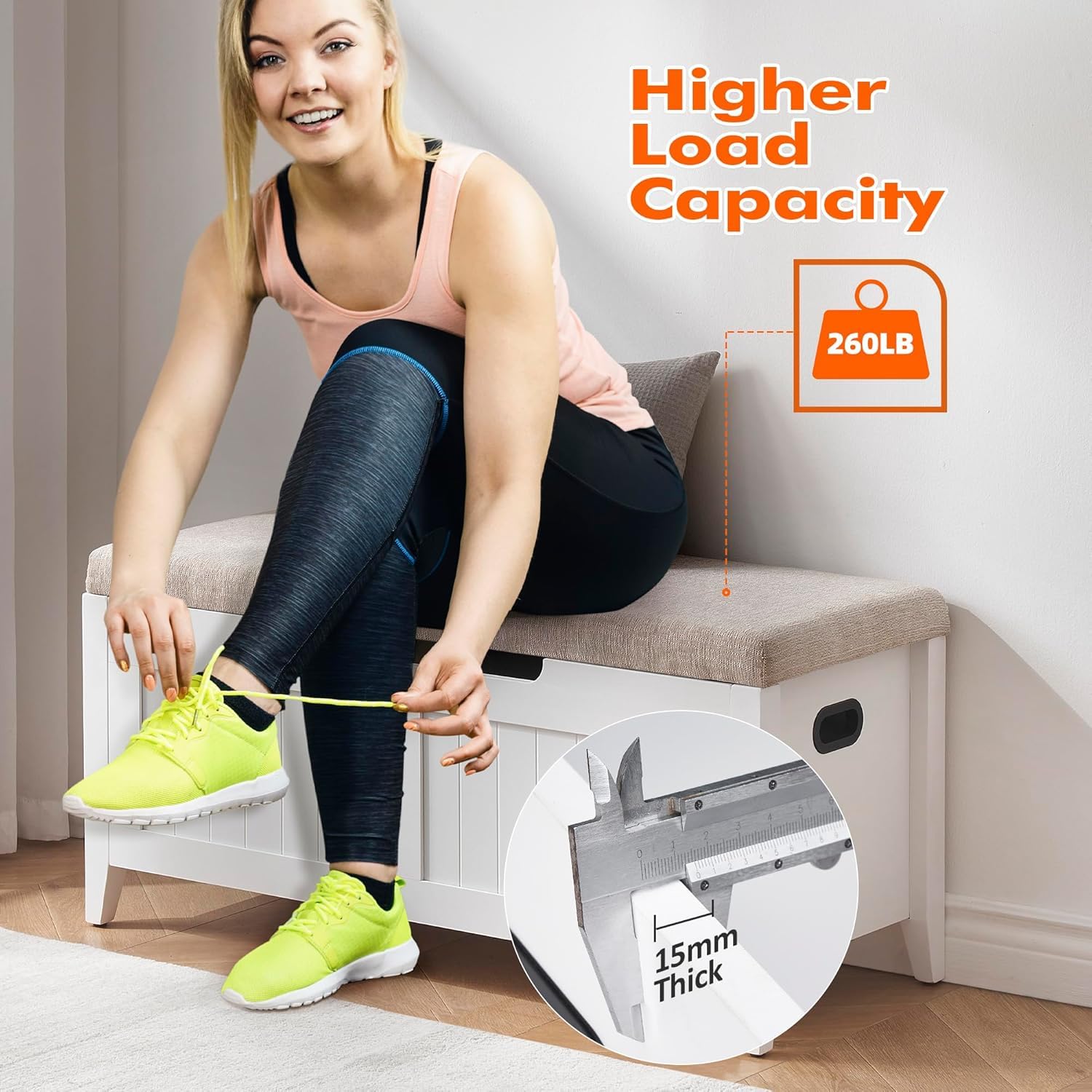 Garvee Storage Chest with Flip-Top, Upholstered Bench, 2 Safety Hinges, Wooden Construction, 39.4 x 15.7 x 18.1 Inches, White, Entryway, Bedroom, Living Room