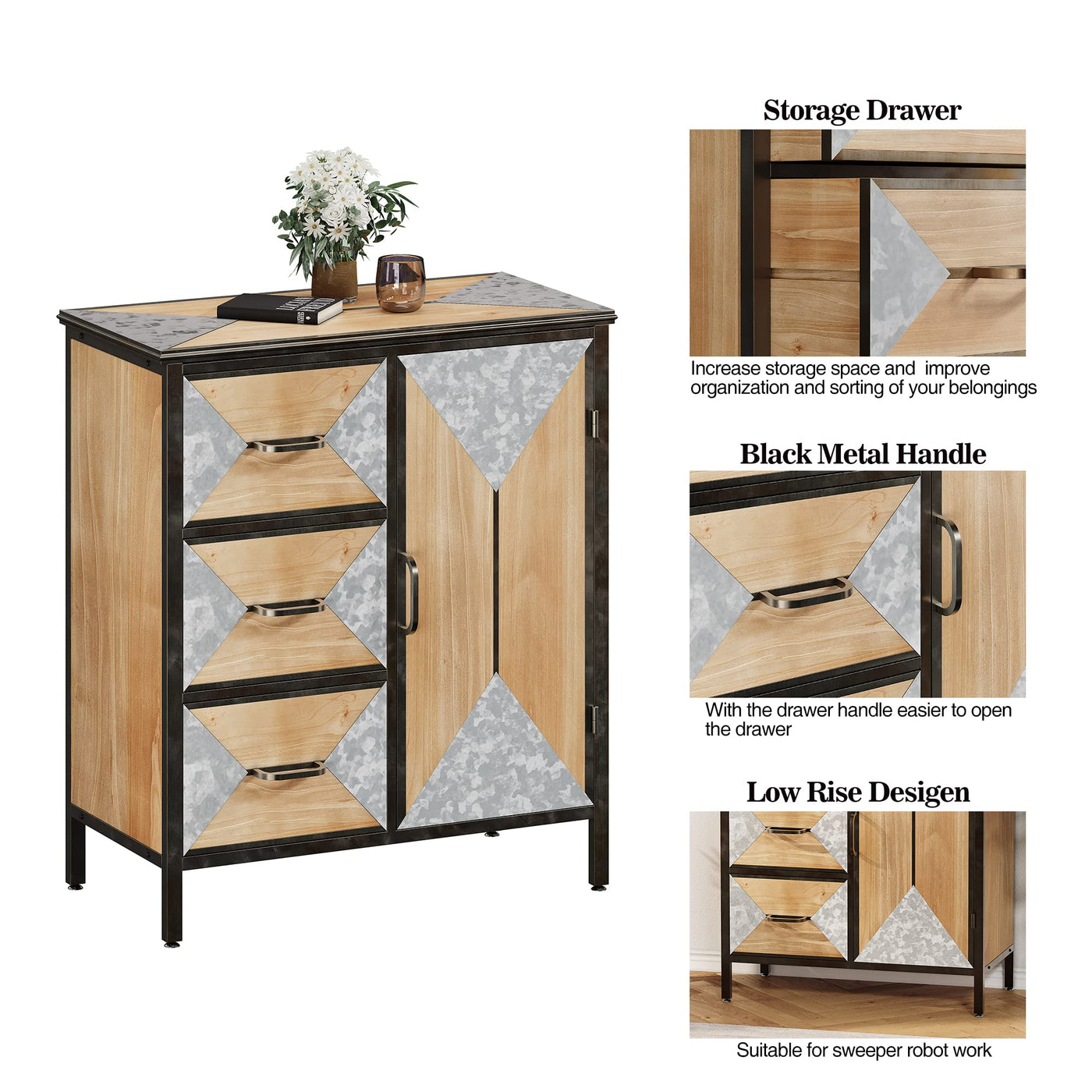 GARVEE Wooden Storage Metal Legs Cabinet Accent Cabinet with 3 Drawers and Door