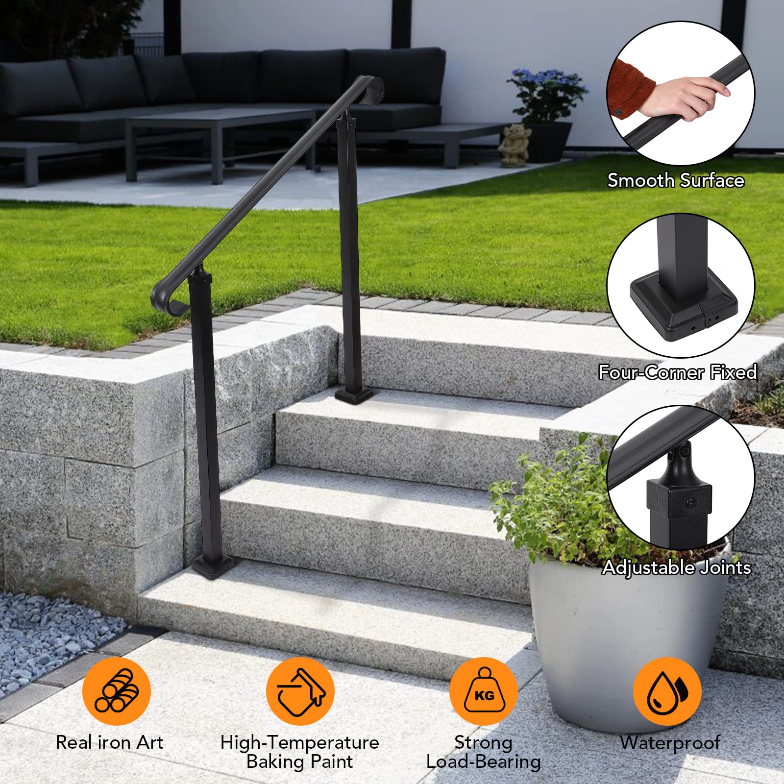 Outdoor Steps Handrail, Fits 1-3 Steps, Matte Wrought Iron