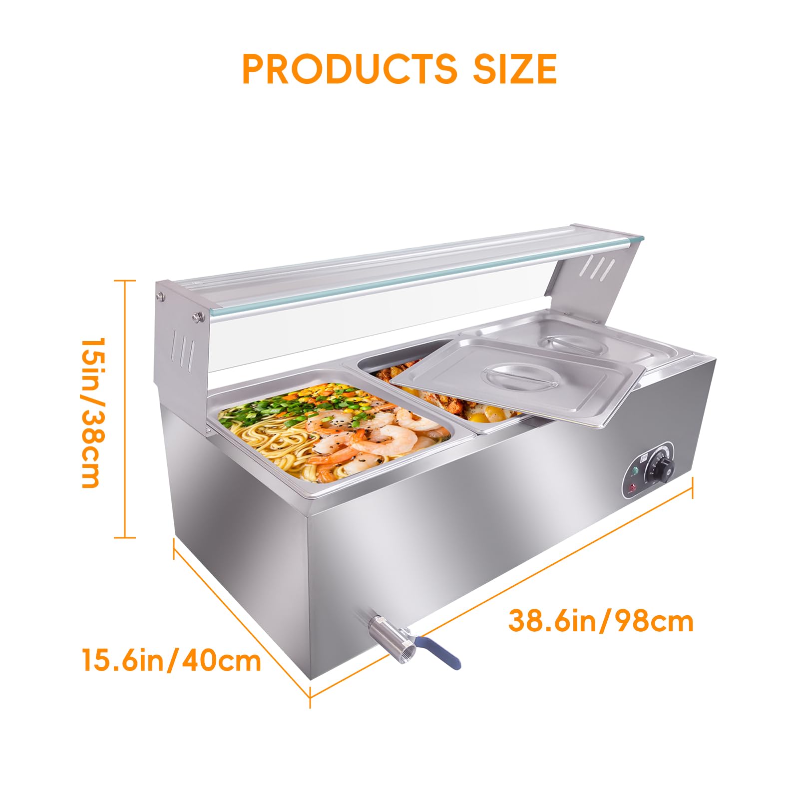 Commercial Food Warmer, 120 Qt Electric Bain Marie with 6 Inch Deep Pans,Steam Table with Tempered Glass Cover, 1500W Countertop Stainless Steel Buffet Bain Marie 86-185°F Temp Control