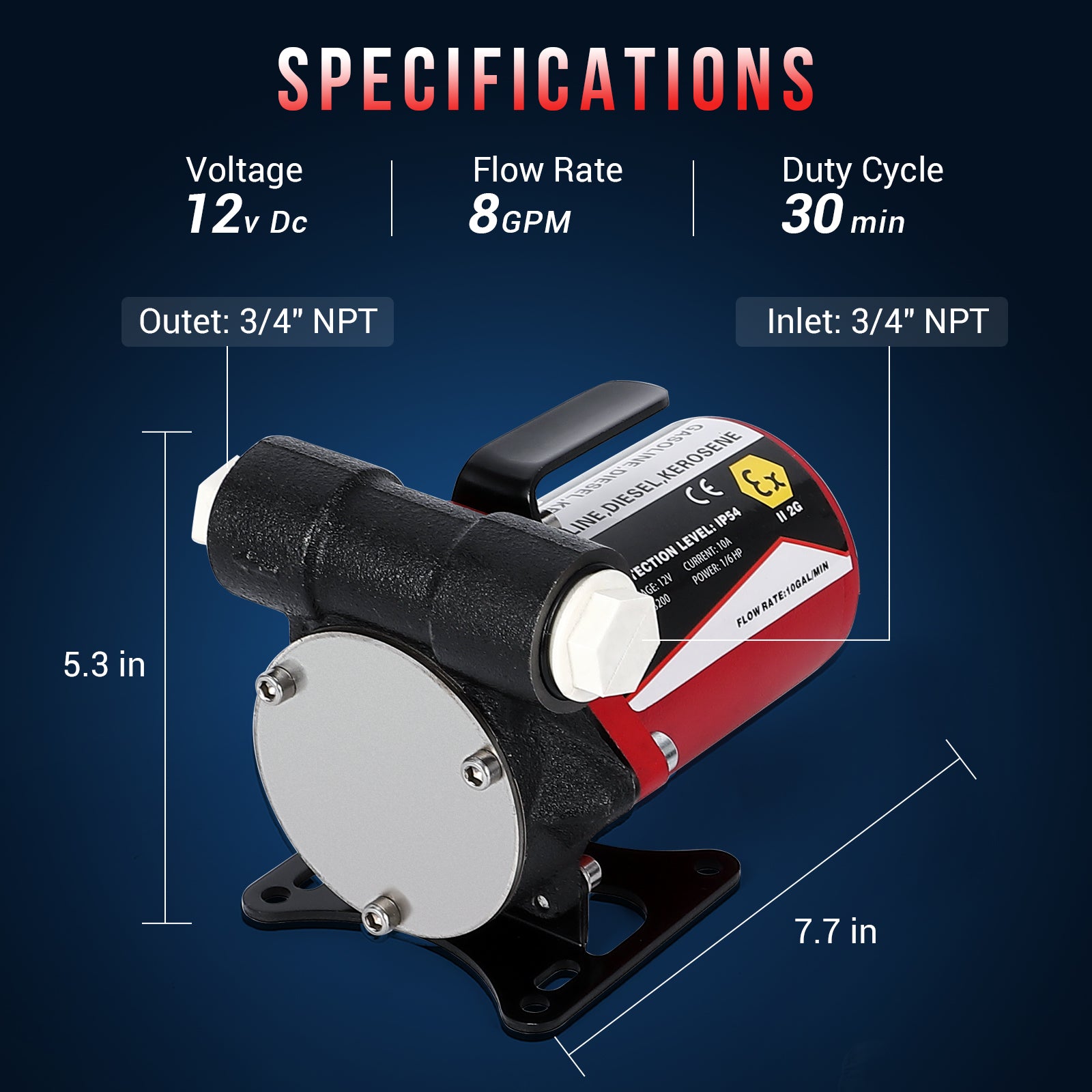 Garvee Fuel Transfer Pump DC 12V Diesel Transfer Pump Cast Iron Gasoline Transfer Pump, 8GPM, Overheating Stability, Applicable to Gasoline, Diesel