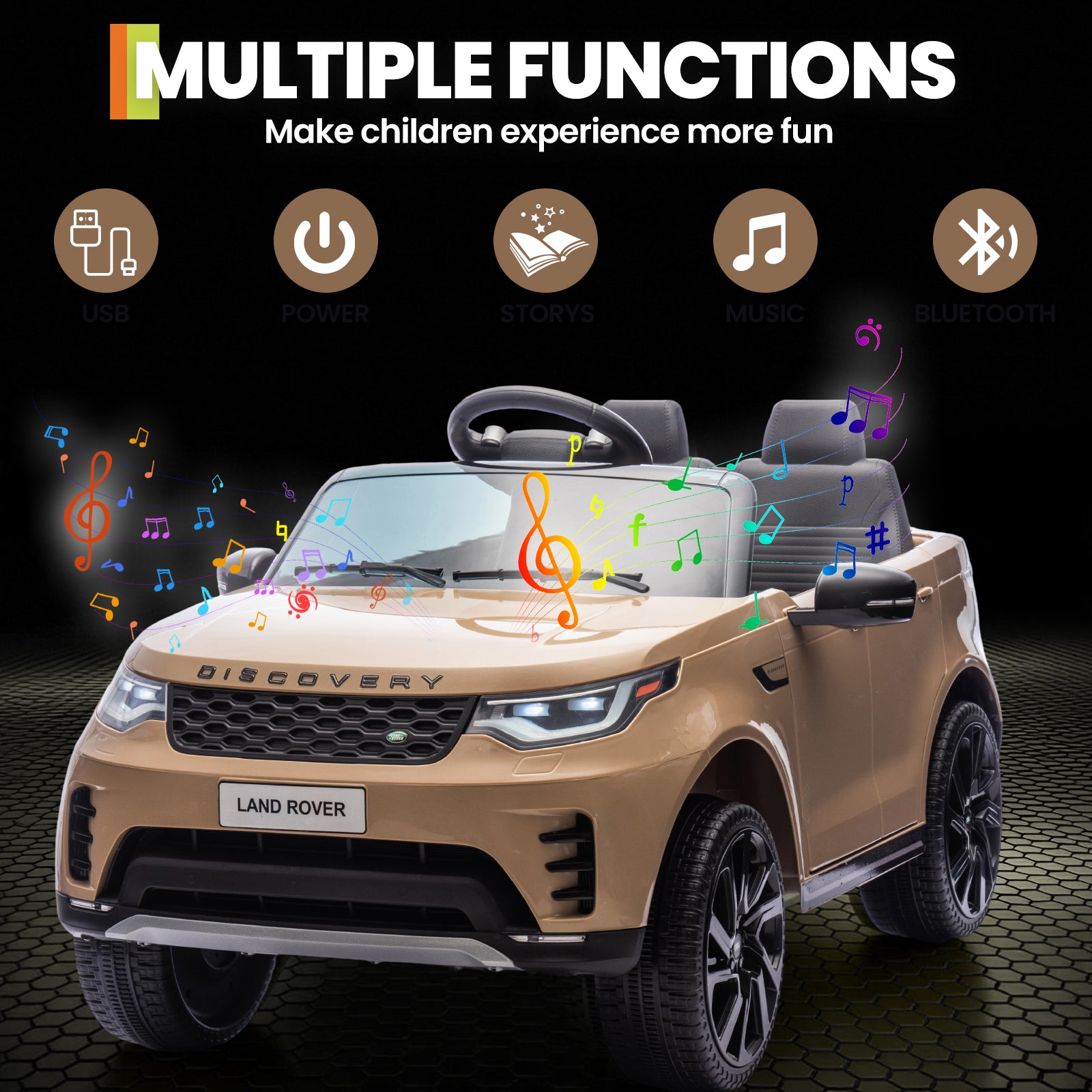 Garvee Ride P Series 12V Kids Ride On Car Land Rover Style Dual Motors 3 Speed Modes 4.5Ah Battery Safety Seatbelt Remote Control Black Outdoor Play - Brown