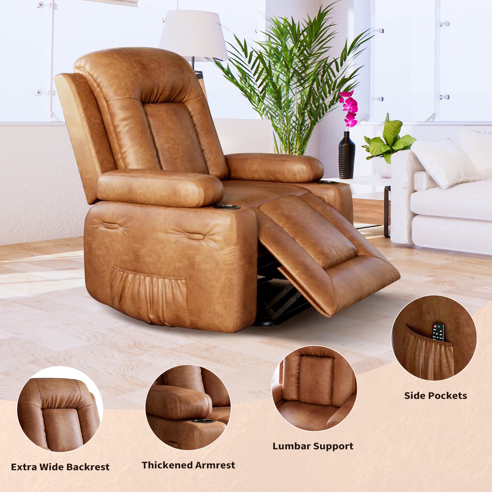 Garvee Power Lift Recliner Chair - Heat and Massage, Adjustable Back and Legs, PU Leather Electric Lift Chair Designed for Mobility Aid Elderly Relaxation, Brown