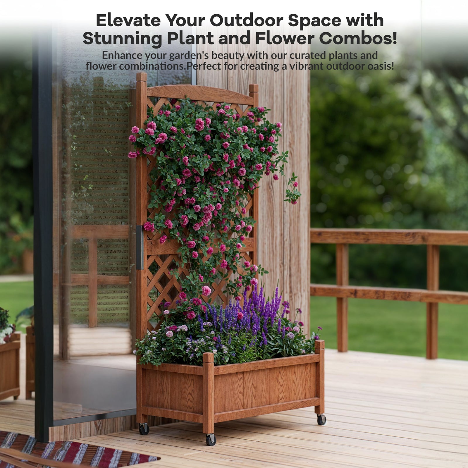 Garvee 29.5"x13"x60" Wood Planter Box with Trellis - Raised Garden Bed with Wheels, Vertical Standing Planter with Drainage Holes for Patio Garden