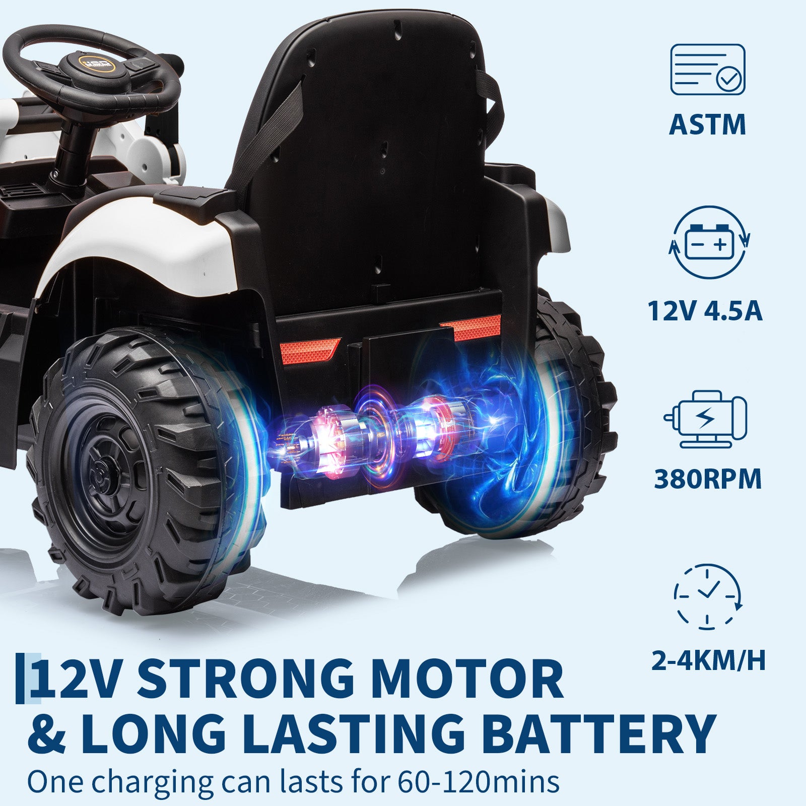 Garvee Ride - P Series: 4-in-1 Ride-On Tractor for Kids: Excavator, Bulldozer, Removable Tent, 12V Battery, Remote Control, Front Loader, Horn, EVA Tires - White