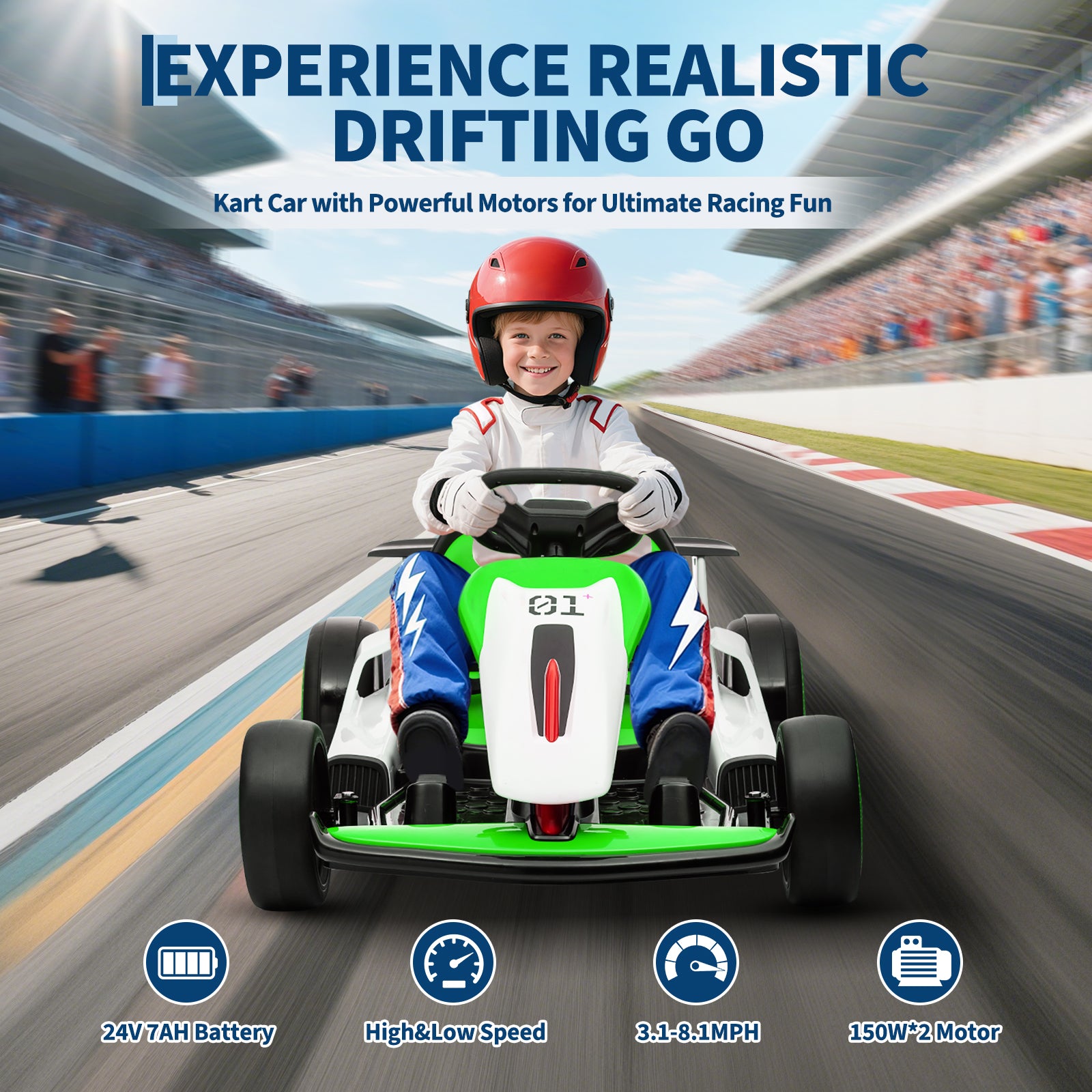 Garvee Ride - G Series: 6+,24V Drift Kart with 2X150W Strong Motor, 7AH Big Battery, Electric Pedals, Electric Go Kart Outdoor Race Toy - Green & White