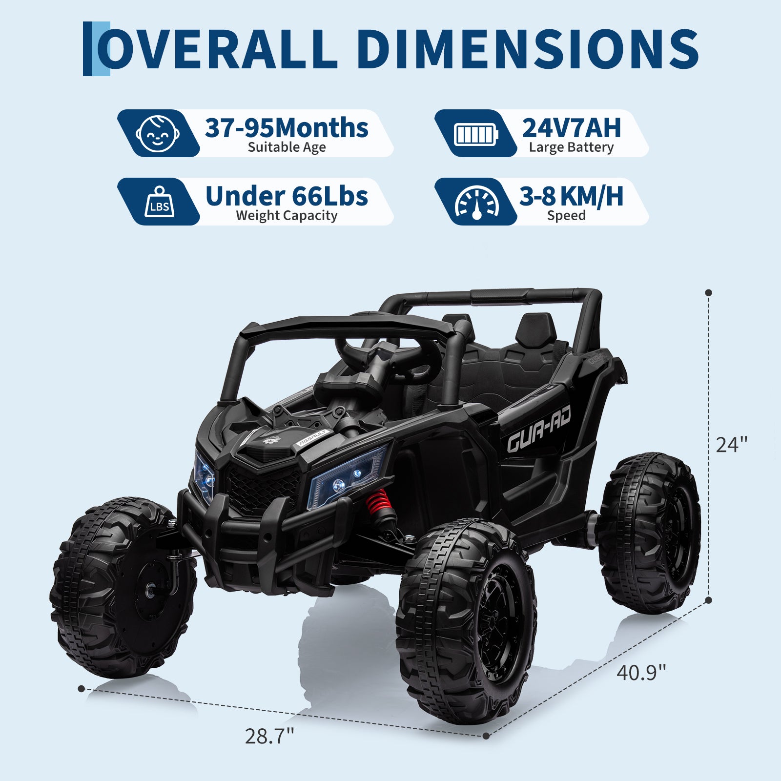 Garvee Ride - P Series: 24V Ride-On UTV: Remote Control, 200W Motor, Spring Suspension, Music, LED Lights, for Boys & Girls - Black