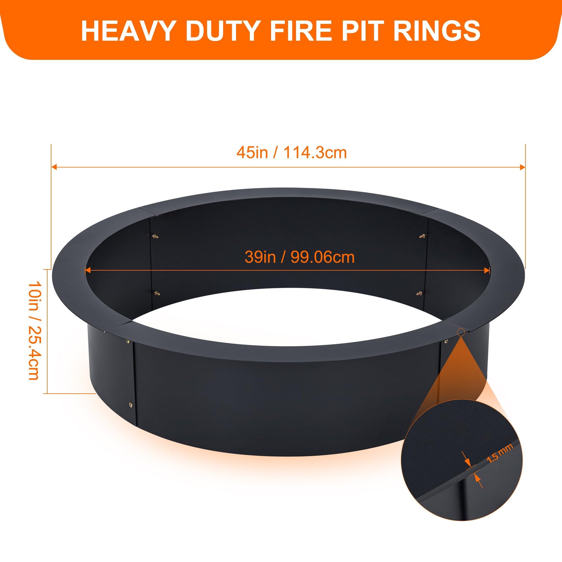 Garvee 39" Fire Pit Ring - 1.5mm Rust-Resistant Steel, 45" Outer Diameter, DIY Friendly for Camping, Patio & Garden