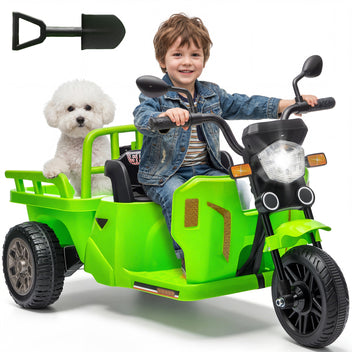 Garvee Ride P Series 3-Wheels Electric Tricycle w/Trailer, 12V Battery Powered Kids Motorcycle with Sand Shovel, 2x55W Motors, Bluetooth, Music, Headlight, Ride on Motorcycle for Kids Toddlers, Gift for Boys Girls, Green