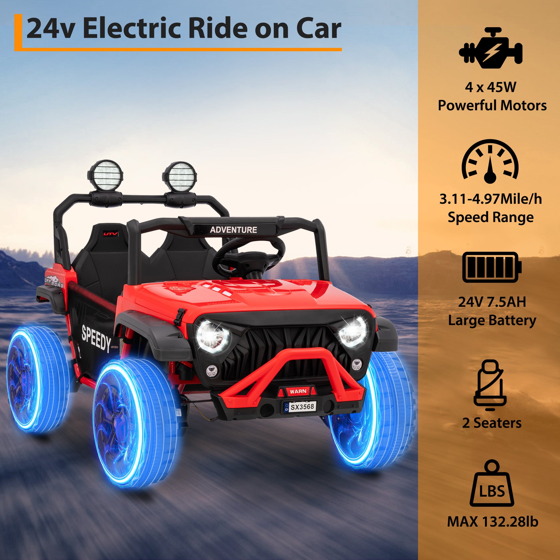 Garvee Ride P Series 24V Kids Toddler Ride On Truck 4WD 3 Speeds Large 7AH Battery Bluetooth MP3 Parent Safety Brake Red Outdoor Play - Red