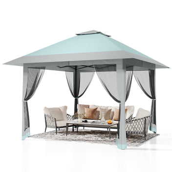 Garvee 13'x13' Quick-Setup Pop-Up Canopy Tent with Mosquito Netting Foldable Shelter for Backyards, Parties, Camping & Commercial Use, (Navy Blue+ Linen Grey)