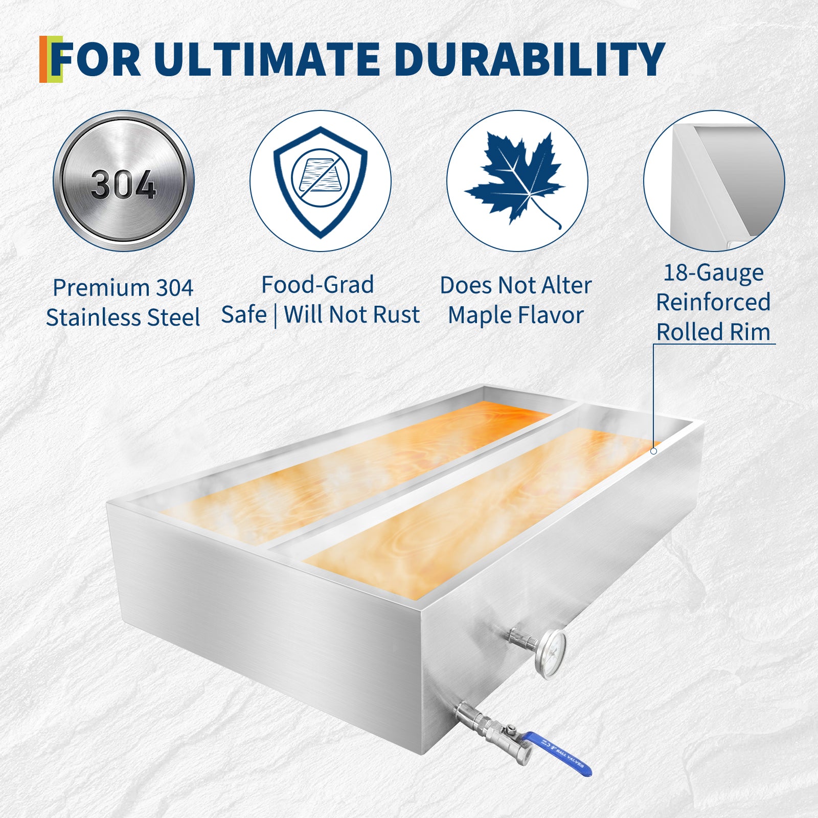 Garvee Maple Syrup Evaporator Pan, 48 x 24 x 9.4 Inch Maple Syrup Pan with Thermometer & 3/4" Throttle Valve, Stainless Steel Maple Syrup Boiling Pan for Making Sweet Maple Syrup