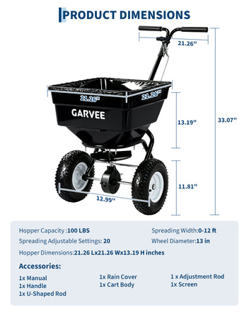 Garvee 100 lb Push Broadcast Spreader, T-Handle Walk-Behind Lawn & Garden Fertilizer Spreader with 58 L Hopper, 0–12 ft Coverage, 13" All-Terrain Wheels & 20-Level Flow Control for Seed, Fertilizer, Salt & Ice Melt, Green/Black