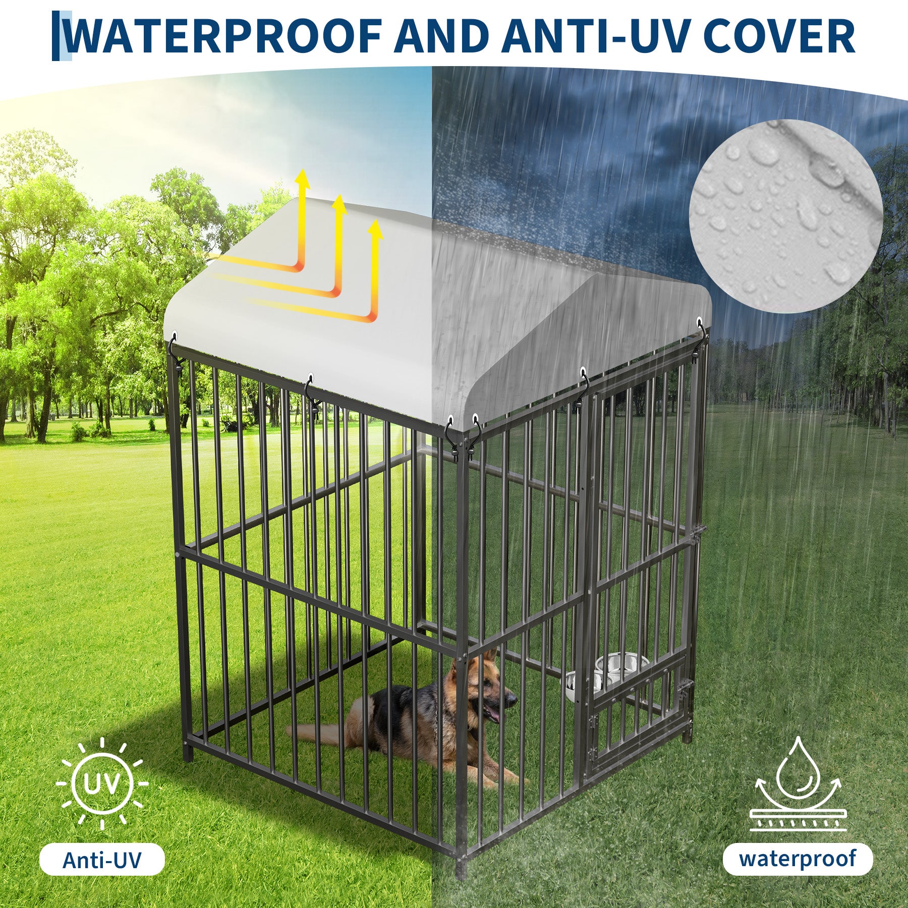 4 × 4 × 6 ft dog kennel roof shown with sun, rain, wind, and snow weather icons