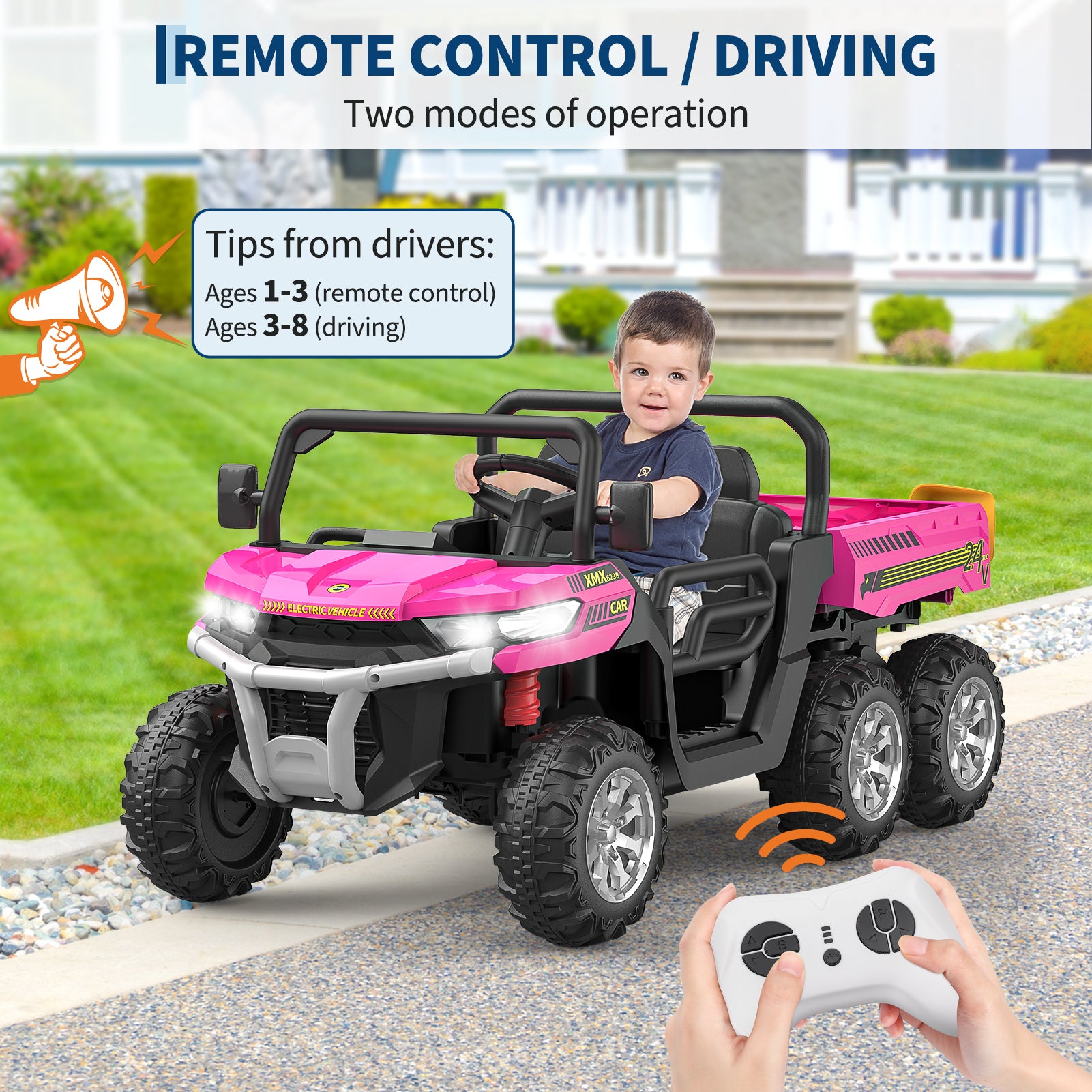Garvee Ride - P Series: 2-Seater Ride On Car 24V 6X6 Kids Dump Truck with Remote, Battery 6 Wheeler, Electric UTV for 3 Years+, Outdoor Adventure Toy Vehicle Pink