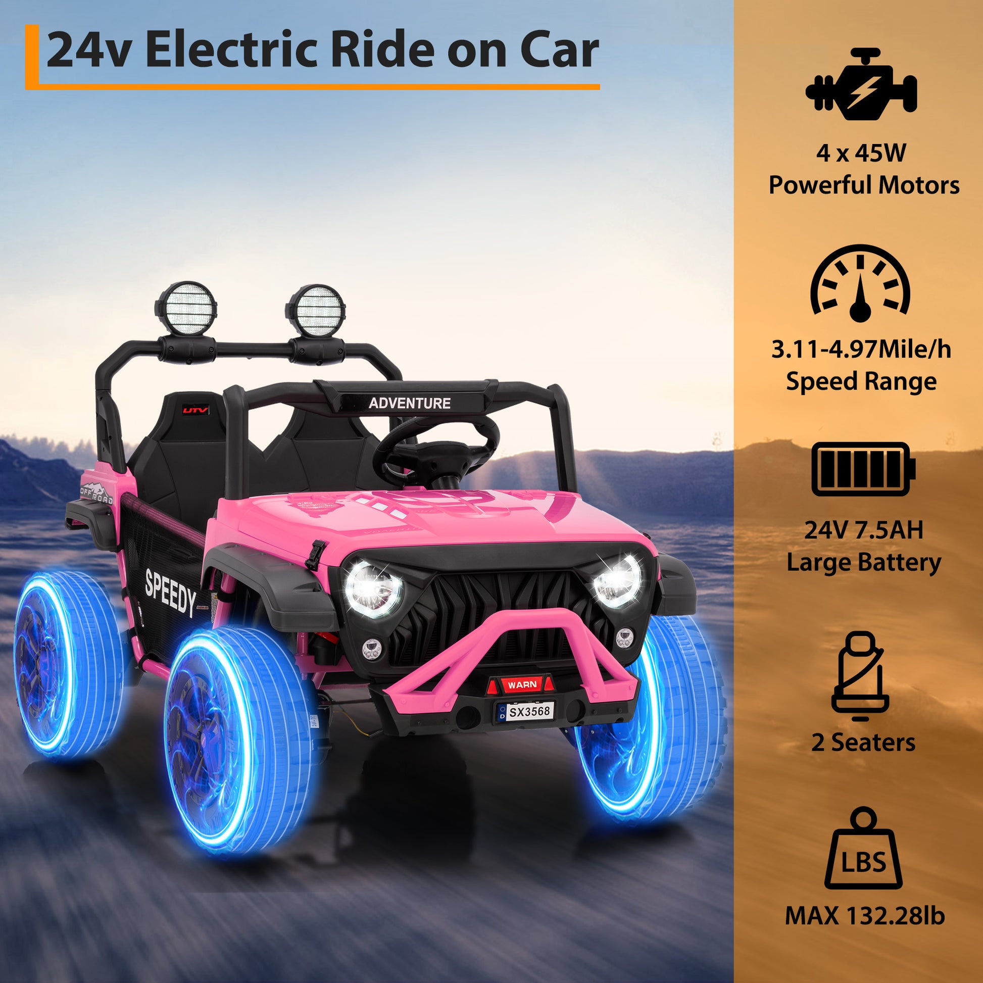 Garvee Ride P Series 24V Kids Toddler Ride On Truck 4WD 3 Speeds Large 7AH Battery EVA Tires Bluetooth MP3 Parent Safety Brake Red Outdoor Play - Pink