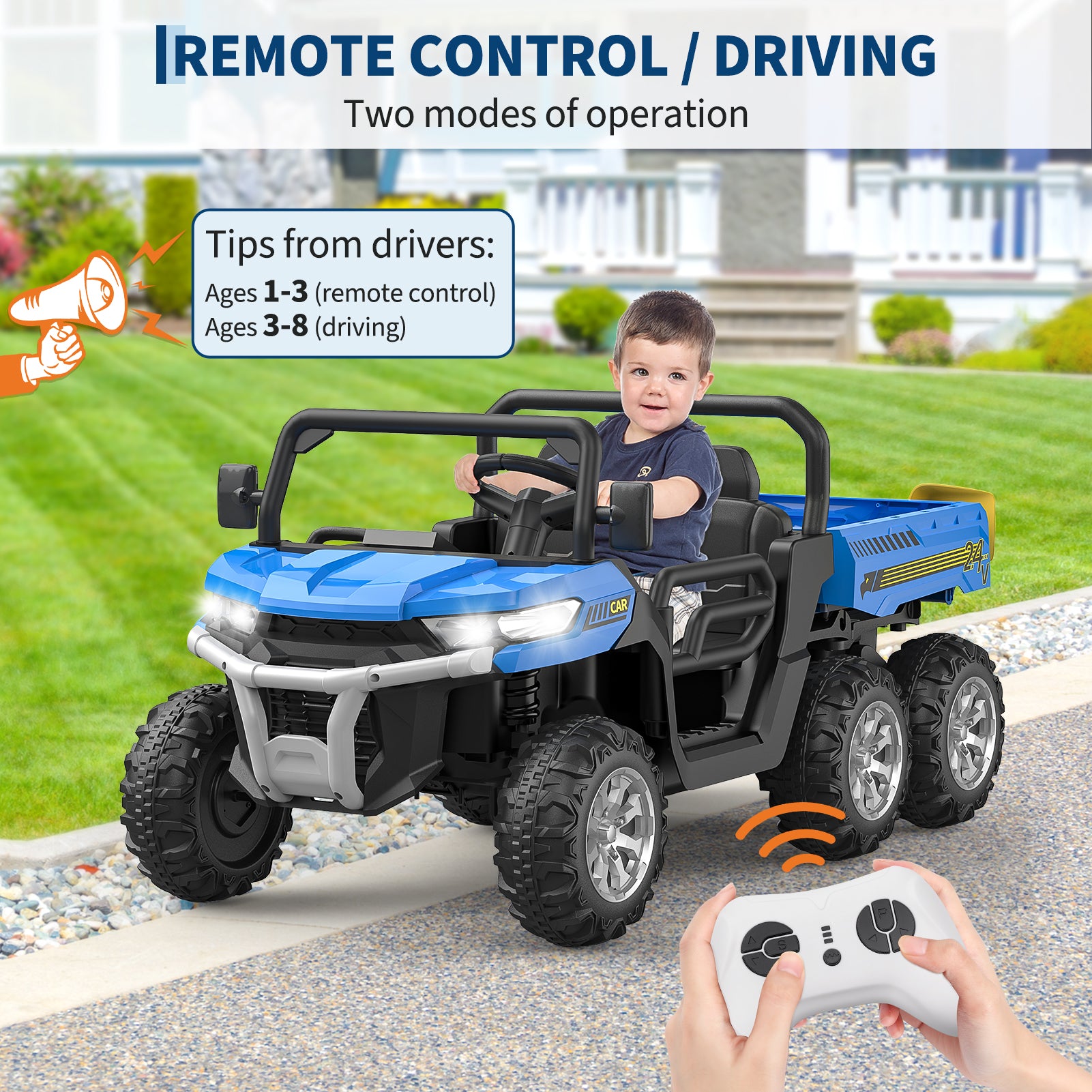 Garvee Ride - P Series: 2-Seater Ride on Car,6X6 24V Kids Ride On Dump Truck with Remote Control Electric Utility Vehicles UTV Battery Powered 6 Wheeler, for 3 years and up - Blue