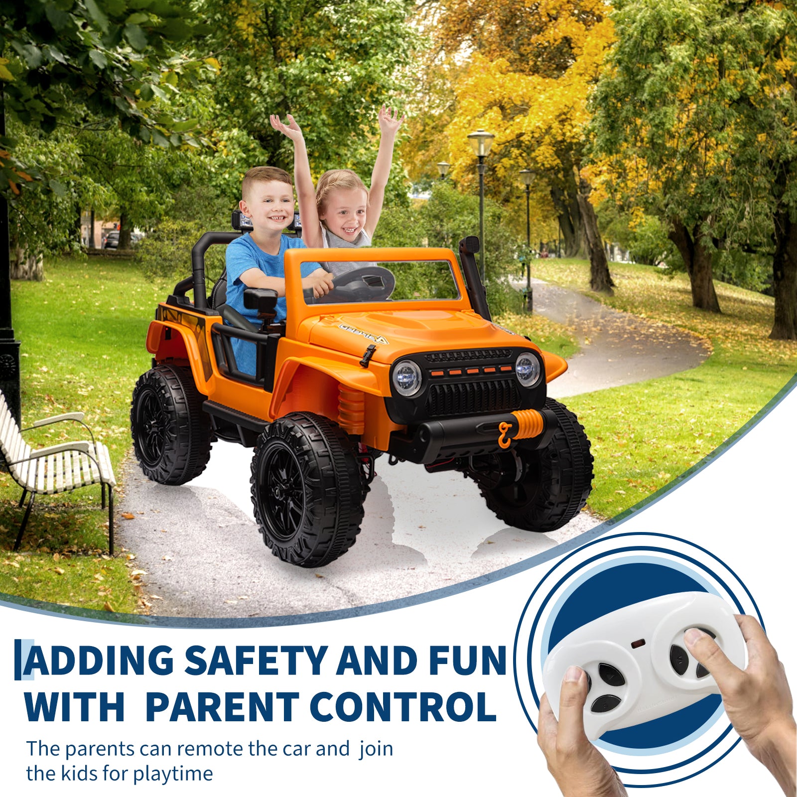 Garvee Ride - P Series: 24V 2 Seater Ride On Truck Car For Kid age 3 - 8 years, w/Remote Control, 4-Wheeler Suspension, 4x55W Powerful Engine, 4WD Battery Powered, LED Lights, Soft Braking - Orange